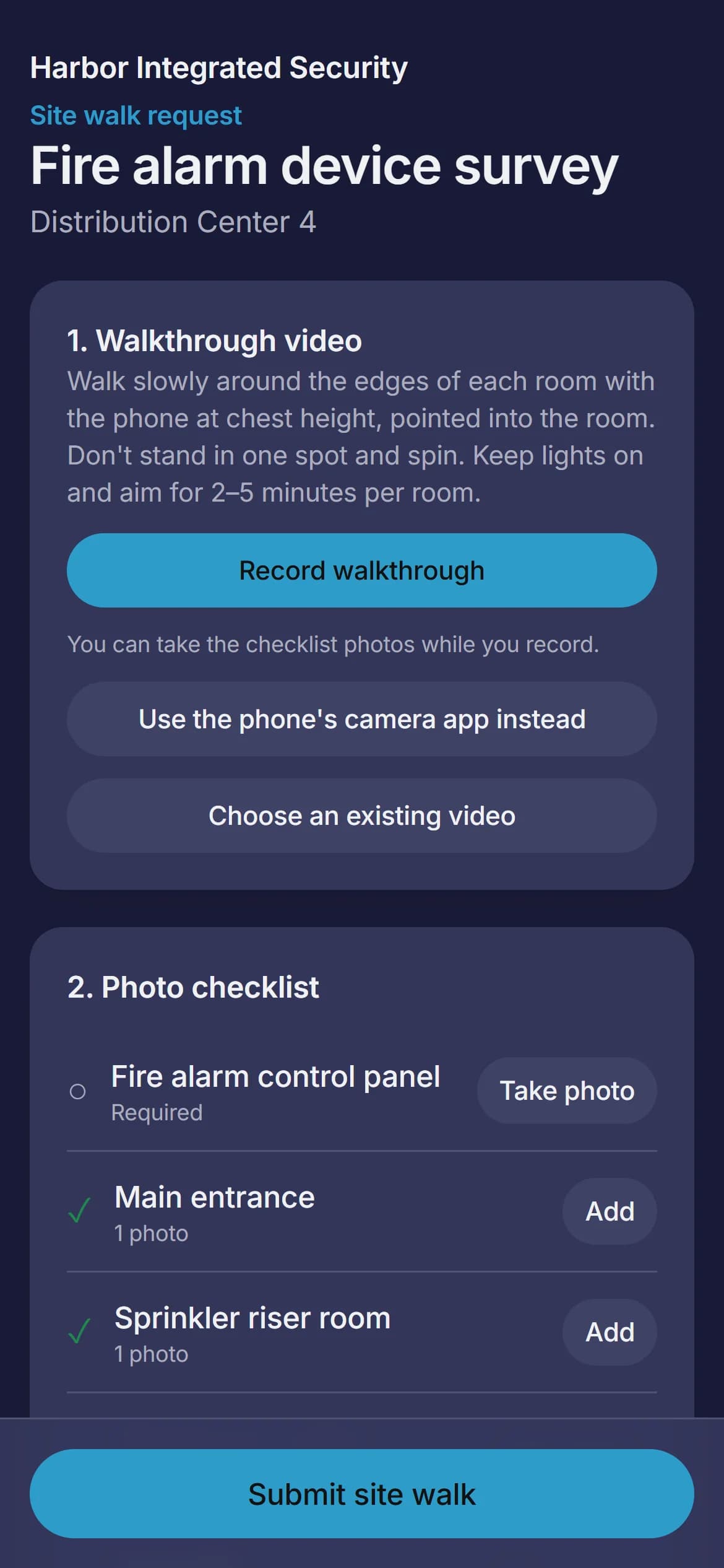 The capture page on a phone: walkthrough video and photo checklist