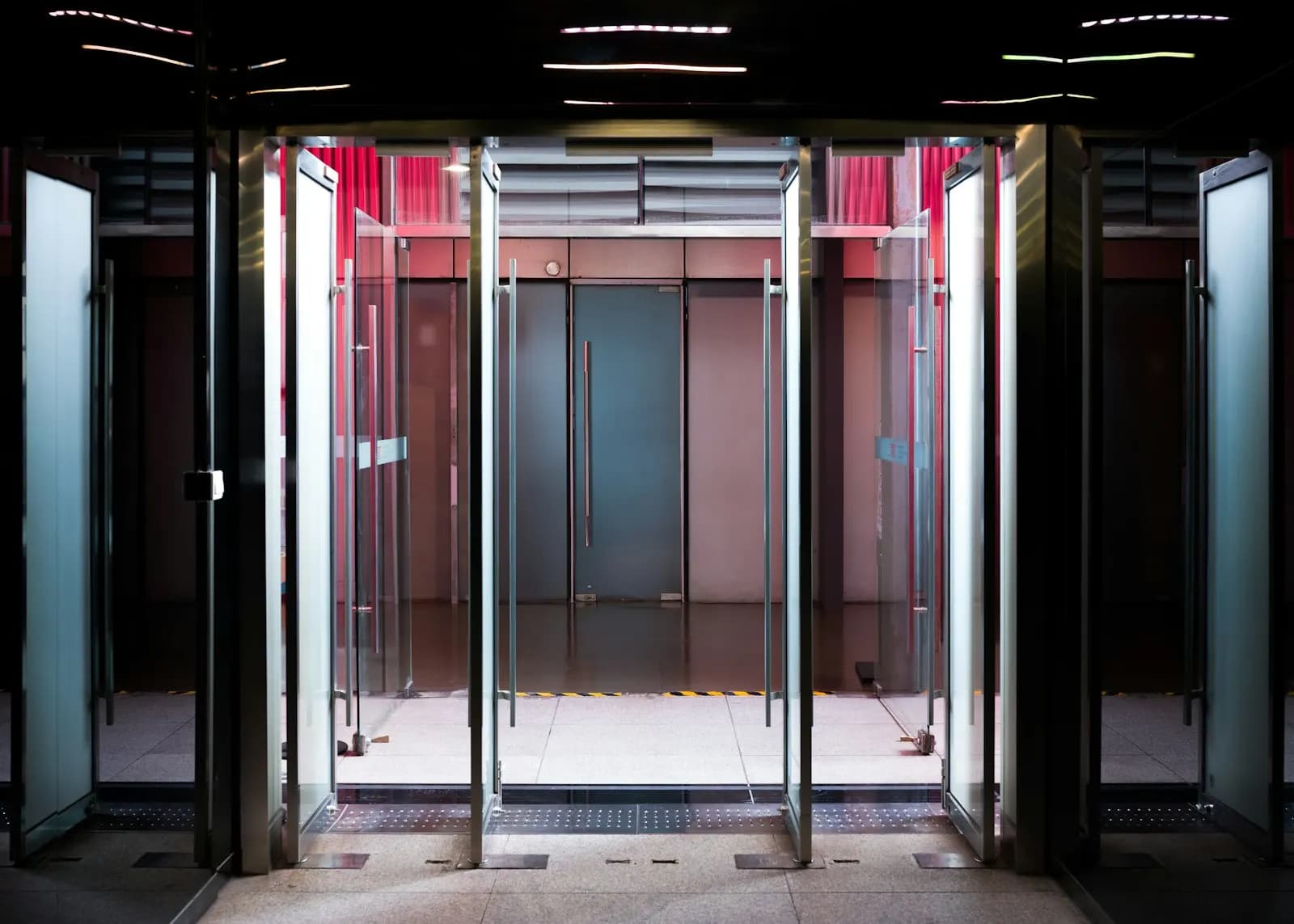 Glass entrance doors of an office building