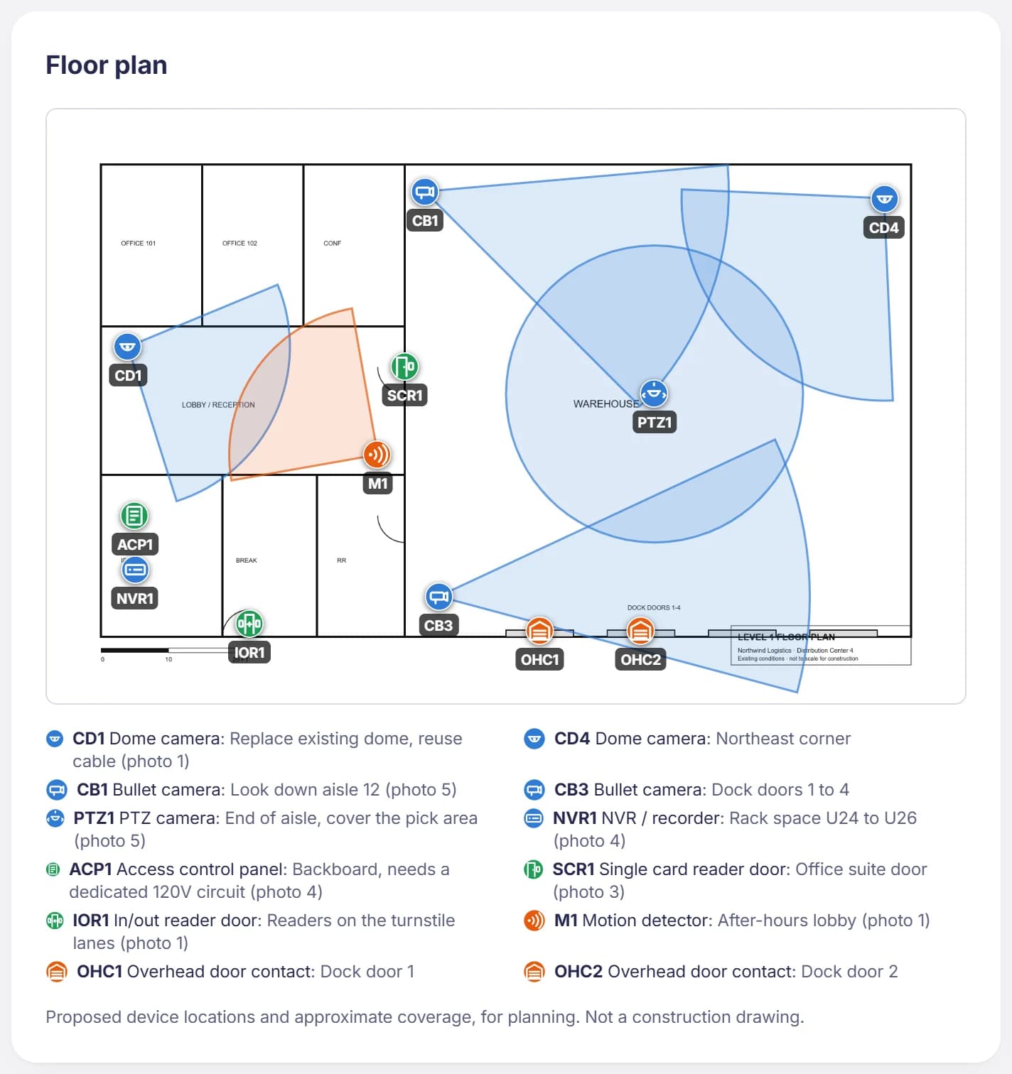 A floor plan in a ScopeWalk Pro report with cameras, coverage and a device legend