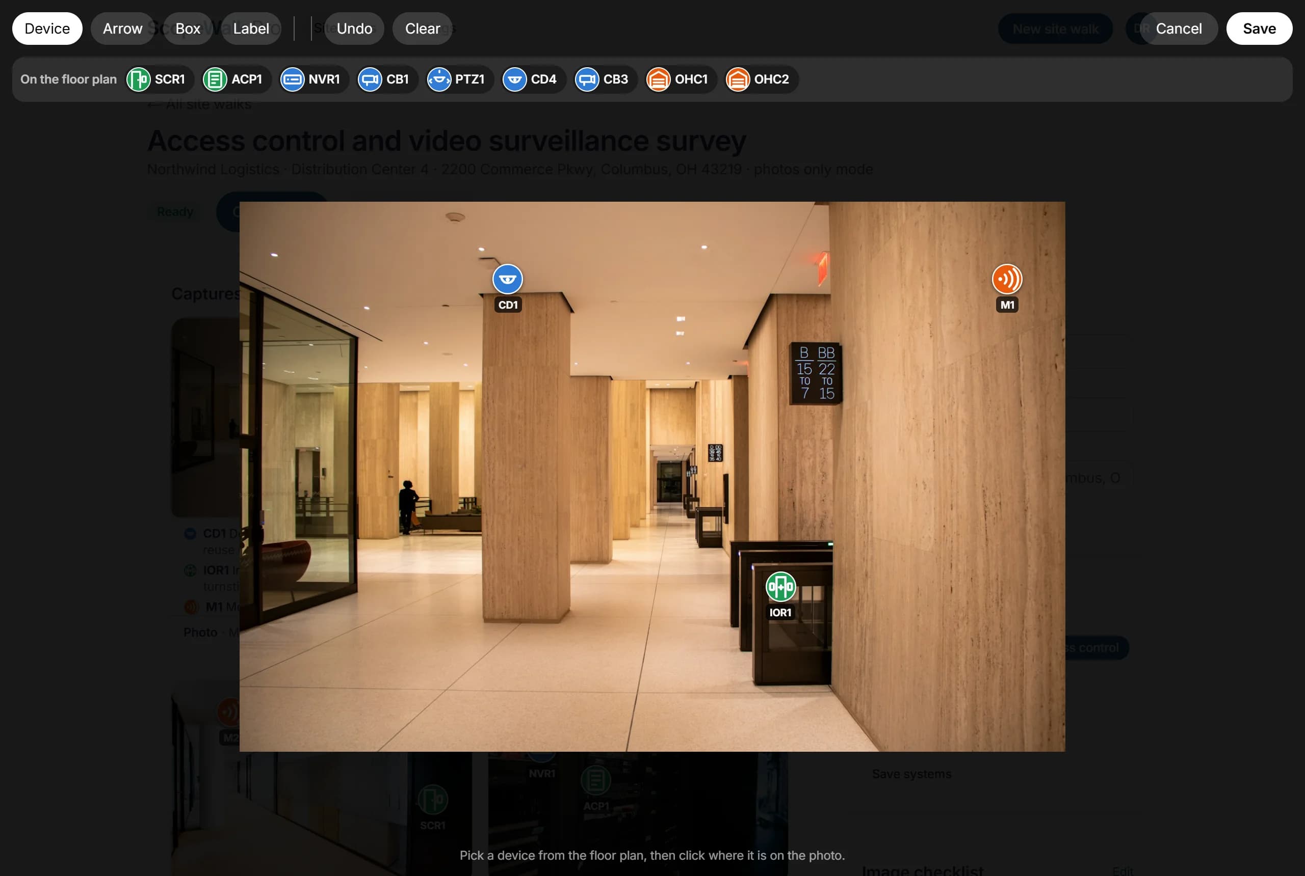 The ScopeWalk Pro markup editor: device palette by system over a lobby photo