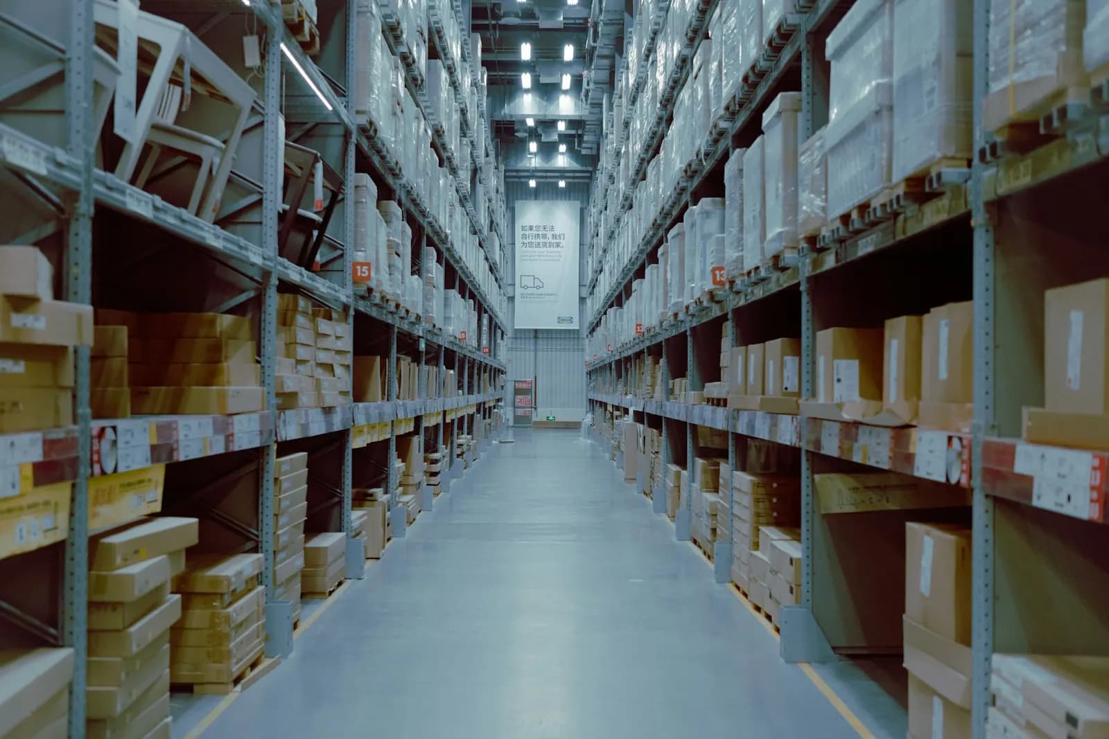 Long warehouse aisle between shelving